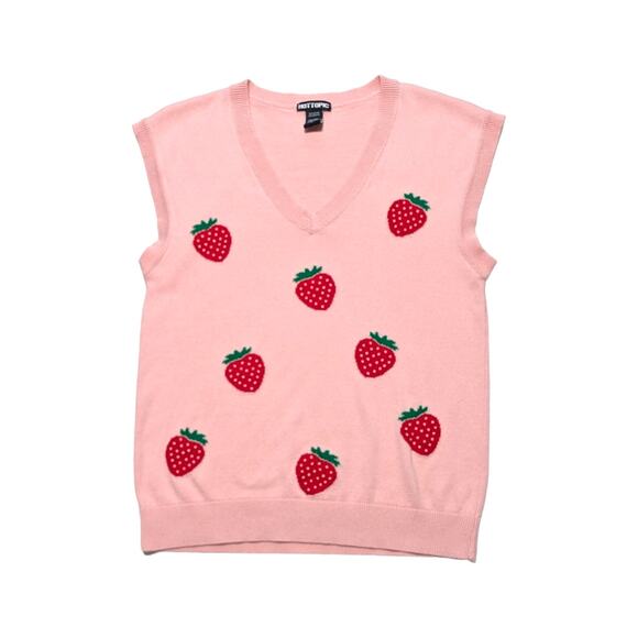 Hot Topic Strawberry Sweater Vest Pink Kawaii Lolita Preppy Womens Small Shirt - Picture 2 of 4